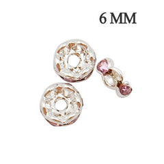 6MM Diameter Rhinestone Spacer Beads,Pink,Brass,Silver Plated,Thick About 3MM,Hole:About 1MM,Sold 100 PCS Per Package