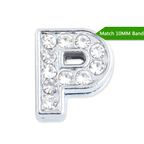 10MM Letter "P" Slider Charms,Crystal Rhinestones Alphabets Beads,Silver Plated,Match 10mm Band or Slider Bracelet;sold 50pcs per pkg