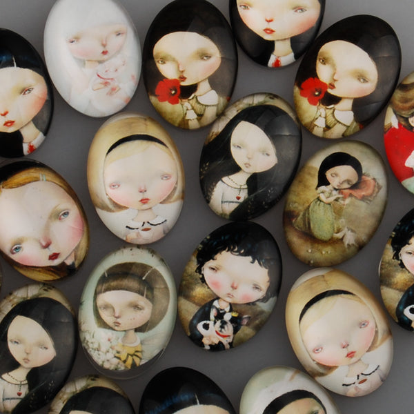 18*25mm Oval transparent pattern glass cabochons with mixed cute girls,flat back,thickness 6mm, 20 pieces/lot