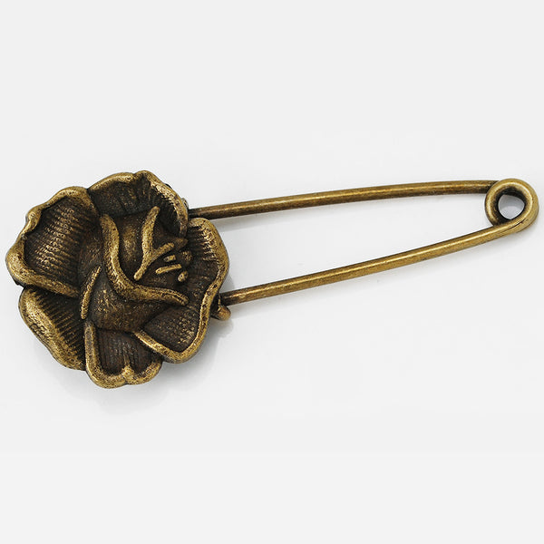 10 Antique Bronze Vintage Flower Brooch Safety Pins brooch pin for Garment Accessories 20x50mm