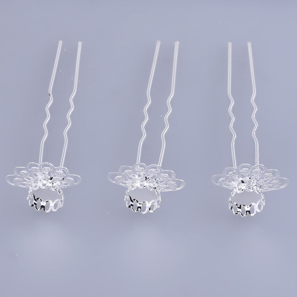 75mm U style Hairpin Making Wedding Hair Accessories 10mm bezel Hair forks Hair Pin Hair Stick silver 10pcs