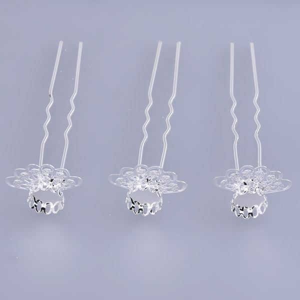 75mm U style Hairpin Making Wedding Hair Accessories 10mm bezel Hair forks Hair Pin Hair Stick silver 10pcs