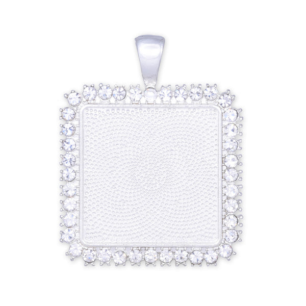 10 Crystal Style Silver Pendant Trays ,20mm Square Cabochon Settings Rhinestone Pendant  Clear Rhinestone Photo holder