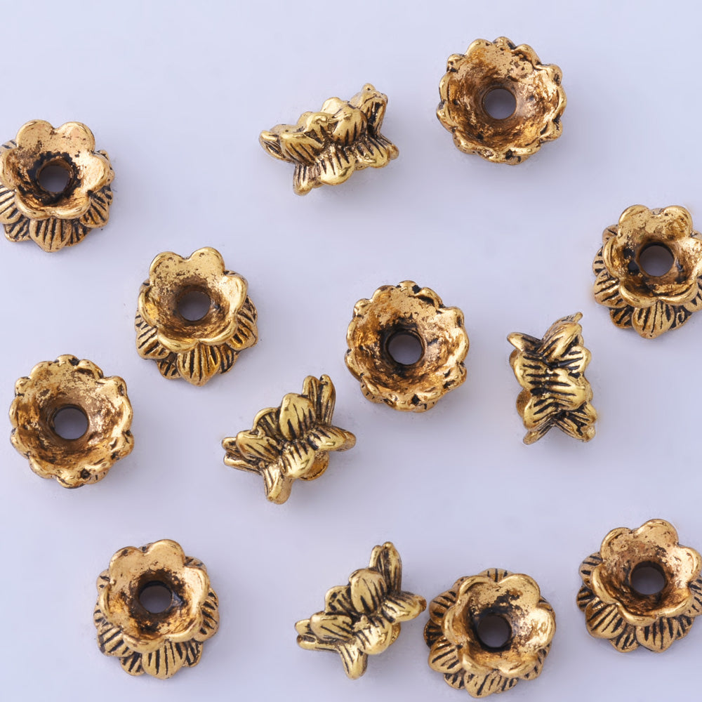 10mm Flower Spacer Beads Charms Jewelry Findings Tibetan Antique Gold Bead Caps 50pcs