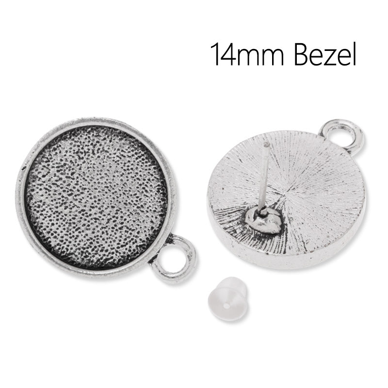 Ear stud with 14mm Round blank bezel,one loop for charms,Zinc alloy filled,Antique Silver plated,20pcs/lot