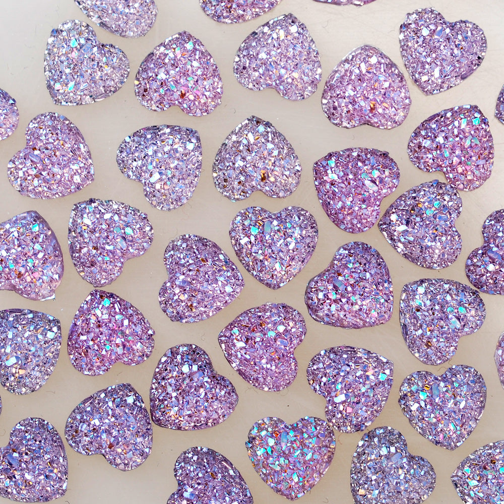 100 Light Purple  Heart Litter Resin Cabochons Druzy Studs Mermaid Deco Jewelry Findings 12mm