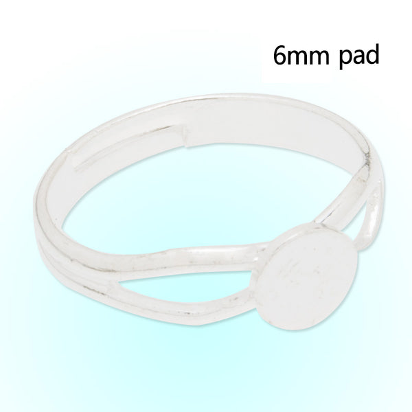 Adjustable Ring with 6mm pad,Brass filled,Silver plated,20pcs/lot