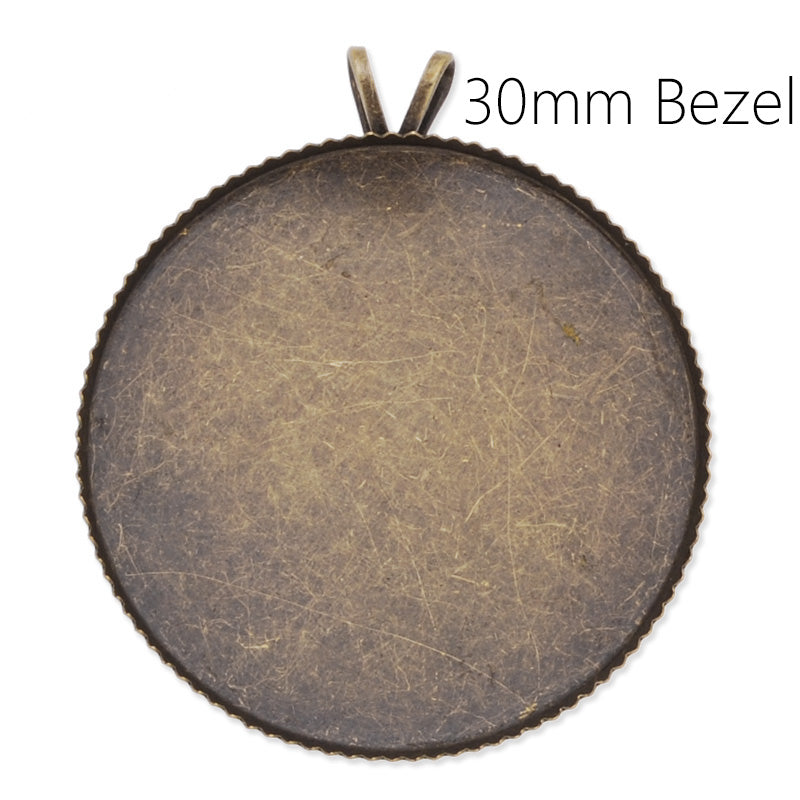 Antique Bronze sawtooth edge brass pendant tray with 30mm round bezel,bifurcate loop,20pcs/lot