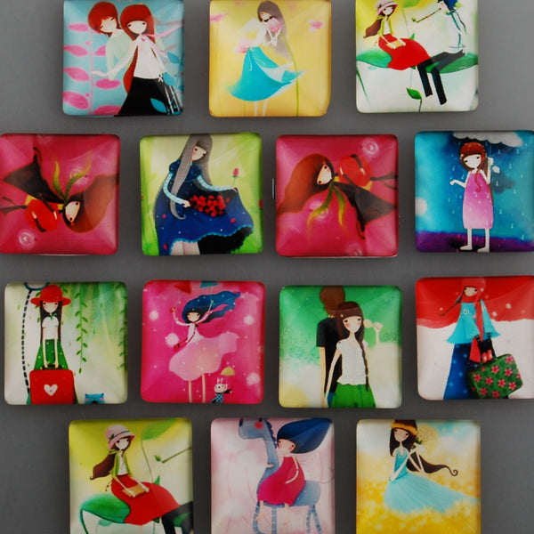 25mm Square transparent pattern glass cabochons with mixed cute girls,flat back,thickness 6.5mm, 20 pieces/lot