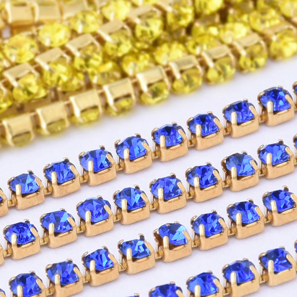 SS6 Sapphire Rhinestone Chain Various Colors Crystal Compact Close Gold Chain wedding DIYs 3.6Meters