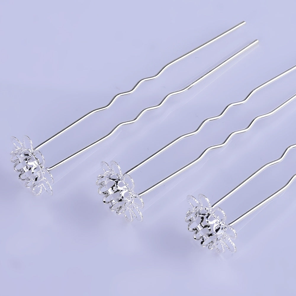 75mm U shape Wedding hair pin flower with 10mm Cameo Base Clips bridesmaid hair pin Hair accessories silver 10pcs