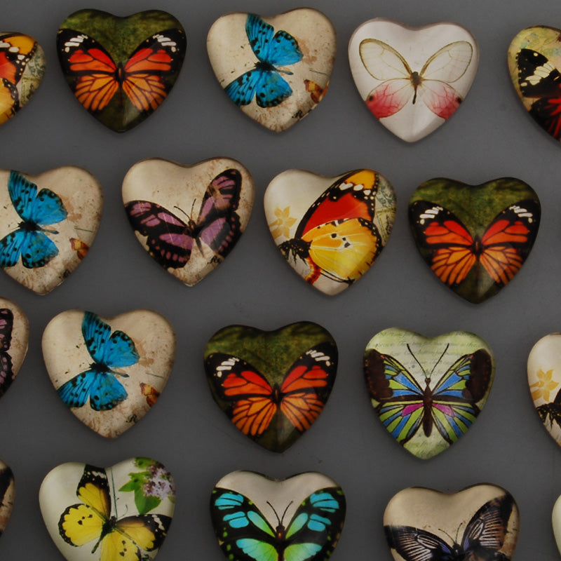 25MM Beautiful Butterfly Pattern Glass Cabochons,Heart Glass Cabochons,Flat Back,thickness 6mm,Sold 20 pieces/lot