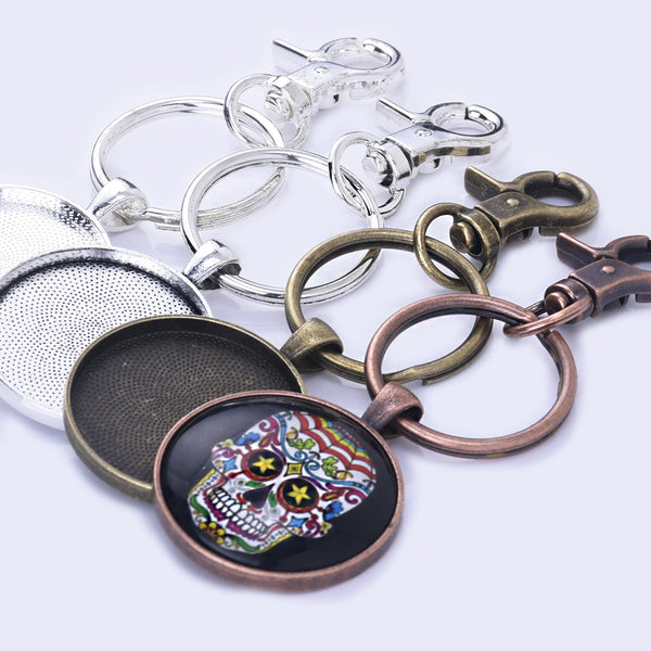 Zinc Alloy Lobster Clasp DIY Keychain Pendant Kits fit 30mm Round Bezel Tray Findings 5pcs/set