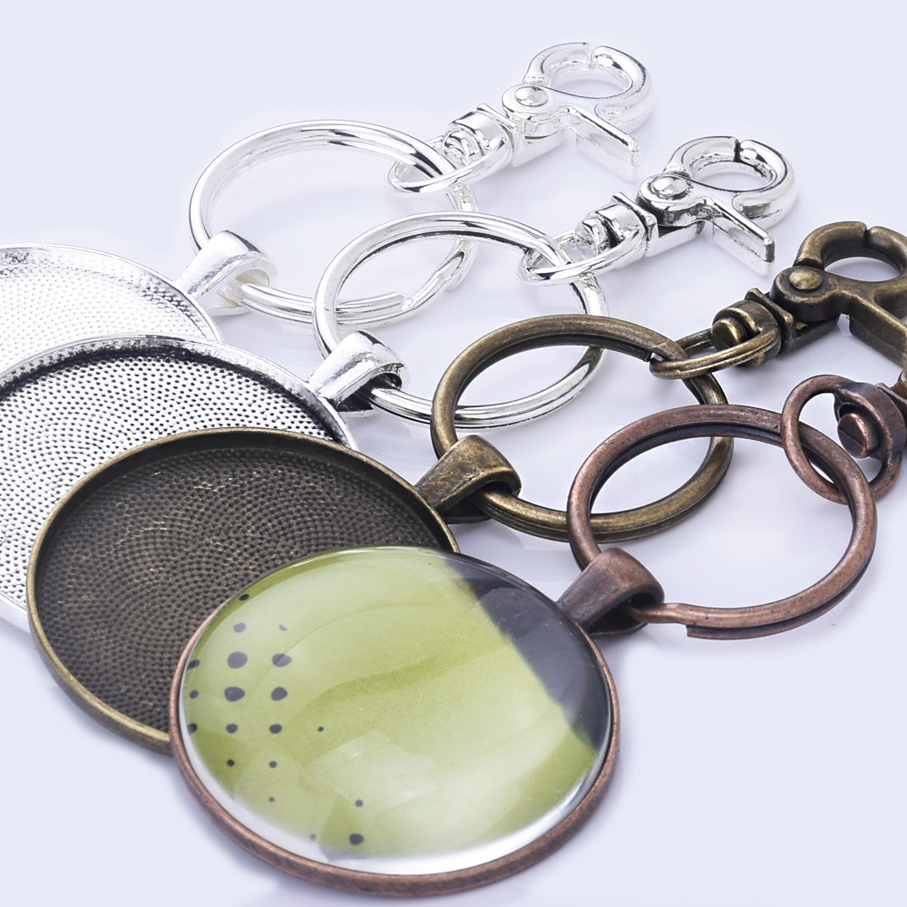 Zinc Alloy 38mm DIY Key Chain Pendant kits lobster split rings 38mm Glass Cabochons 5pcs/set