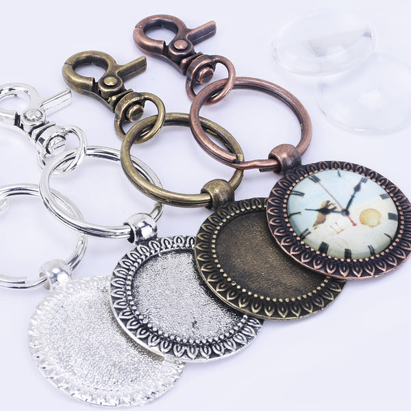 Zinc Alloy 25mm Round Sunflower Trays DIY Key Chain Pendant kits  Glass Tiles 5pcs/set