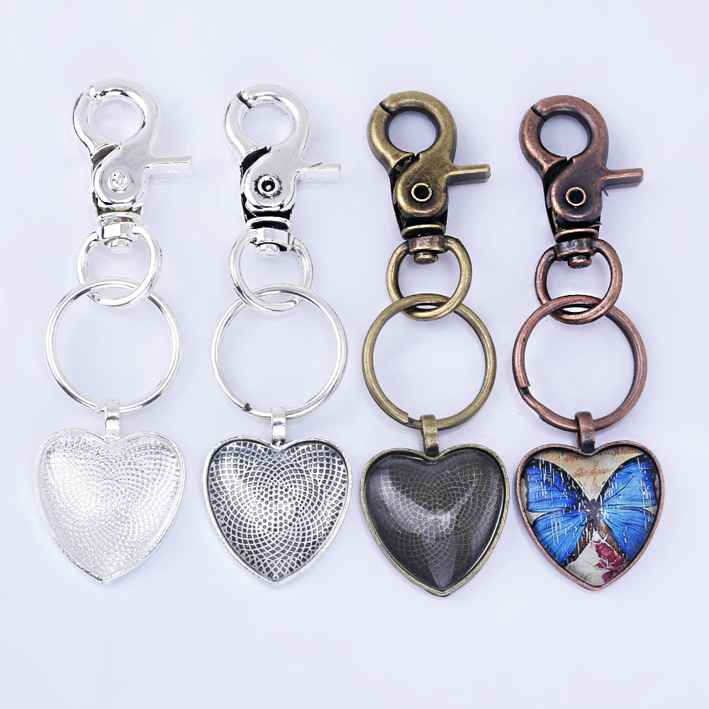 Zinc Alloy Key Chain Kits 25mm Heart Pendant Tray Kits heart Glass Setting 5pcs/set