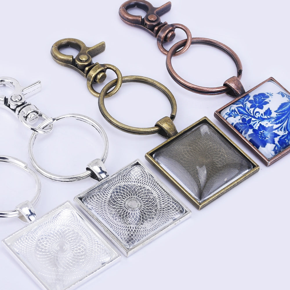 Zinc Alloy 25mm Square Craft Key Chain Kits pendant Trays with lobster clasp 5pcs/set