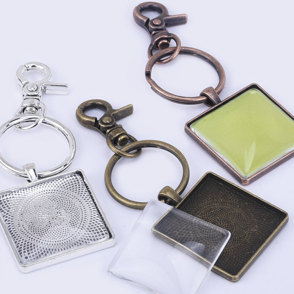 Zinc Alloy 30mm Square DIY Key Chain Pendant kits Square Key Chain Blanks 5pcs/set