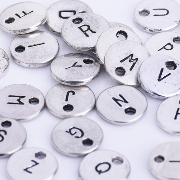 10mm Alloy Antique silver Double Side Stamped Initial Charms Round Letter Disc tag charm 5pcs 102430