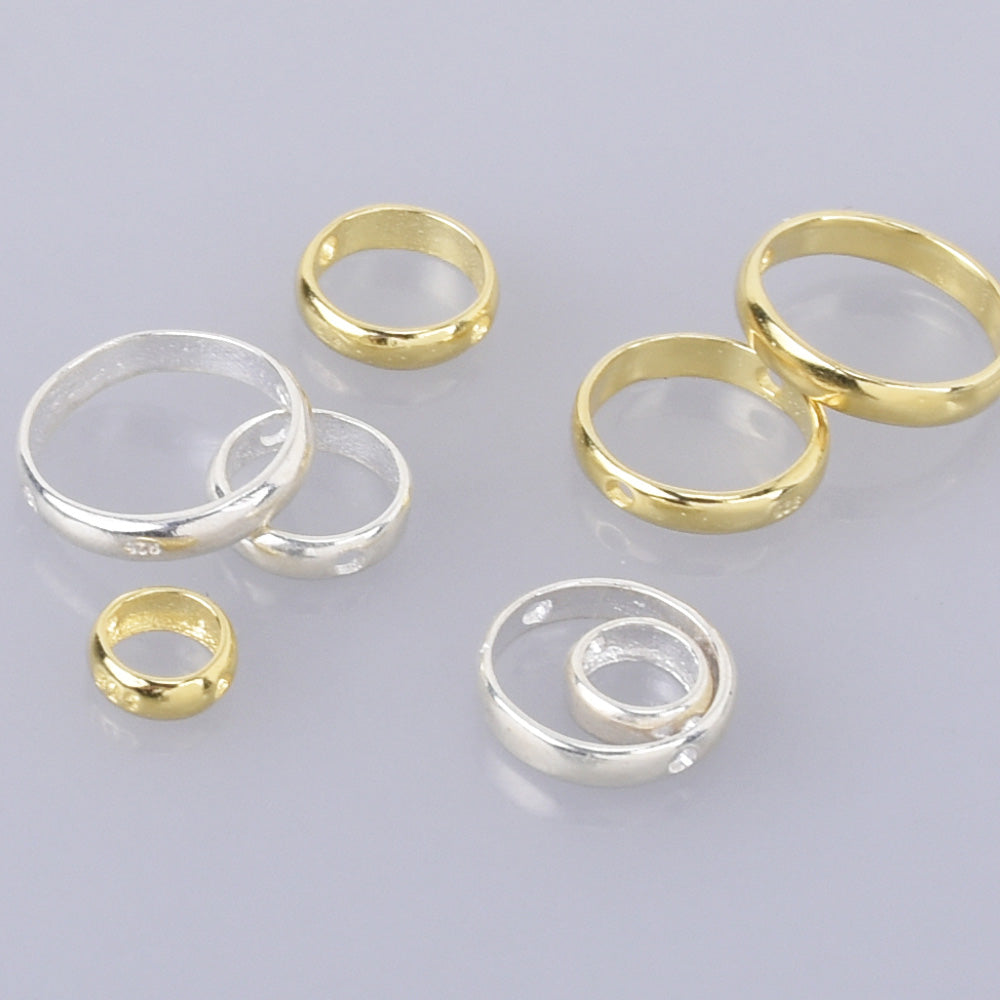 Sterling Silver Beads Frames for 4mm 6mm 8mm 10mm beads Ring Connectors 2 Holes Linker Spacer Beads Hoop 2pcs
