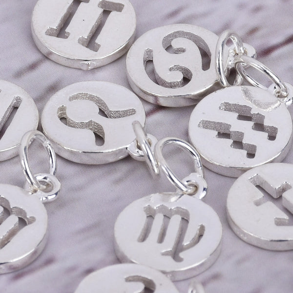 10mm Sterling Silver Twelve Constellations Pendants 925 Silver Charms Zodiac Star Sign Pendant 1pcs