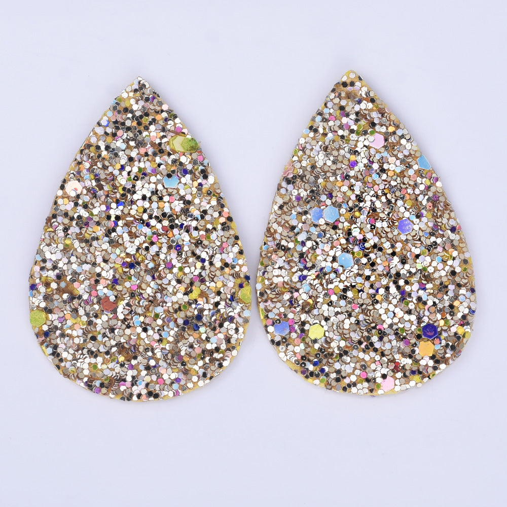 56*38*2mm Multicolor Faux Leather Dangle Charms Pendants PU Leather Glitter Sequined Teardrop charm Great for Light Earrings 4pcs