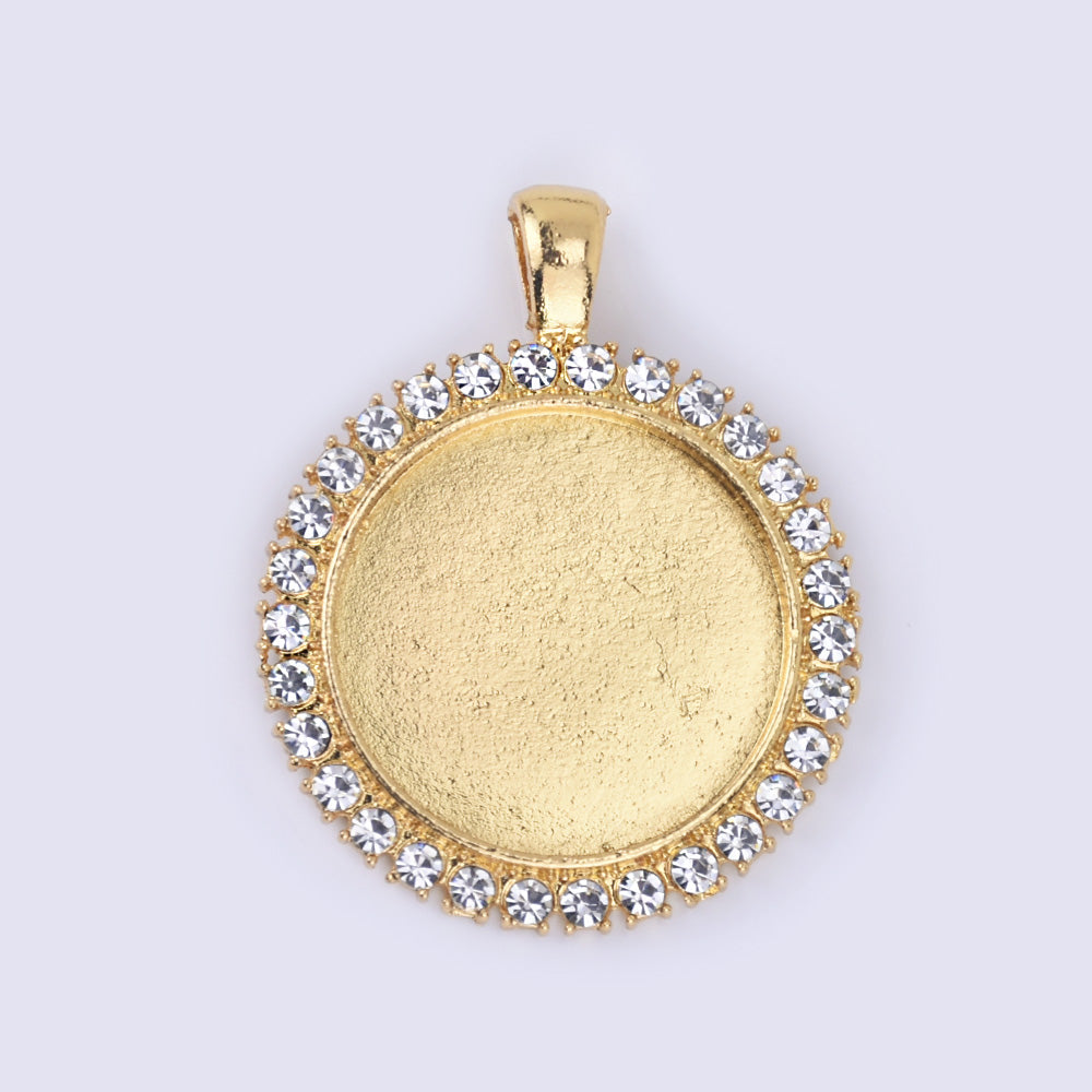 25mm Gold plated Round pendant tray with Rhinestone,Zinc Alloy filled,10pcs/lot