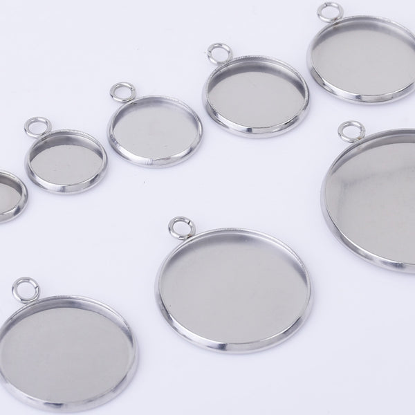 Stainless Steel Round Pendant Tray with Loop Cabochon Setting Blank Bezel Trays pendant base 20pcs 102558