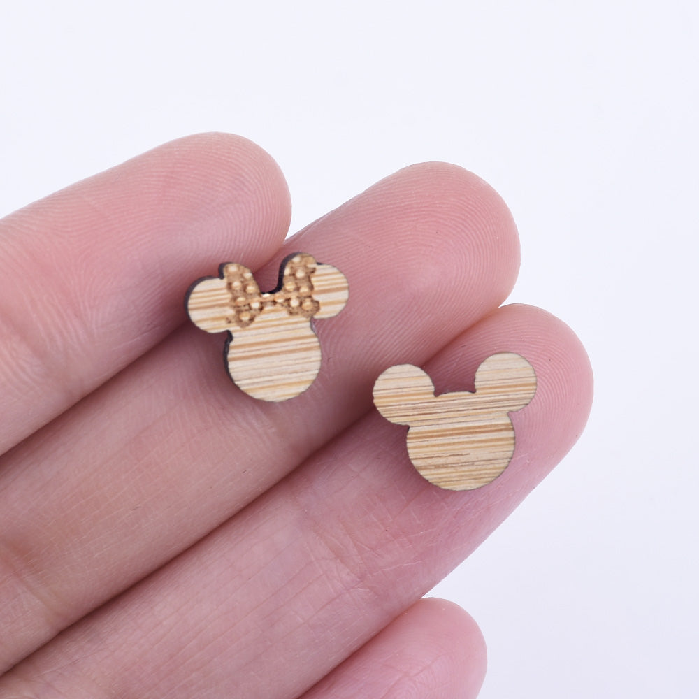 12*10mm Mickey and Minnie Laser cut wooden earrings engraved and laser cut Wood Charm Earring Supplies 6pcs 10261150