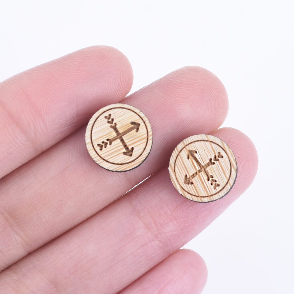 12*12mm Arrow Round Wood Charm Laser cut wooden earrings crossed arrows laser cut jewellery Cabochons 6pcs 10261160