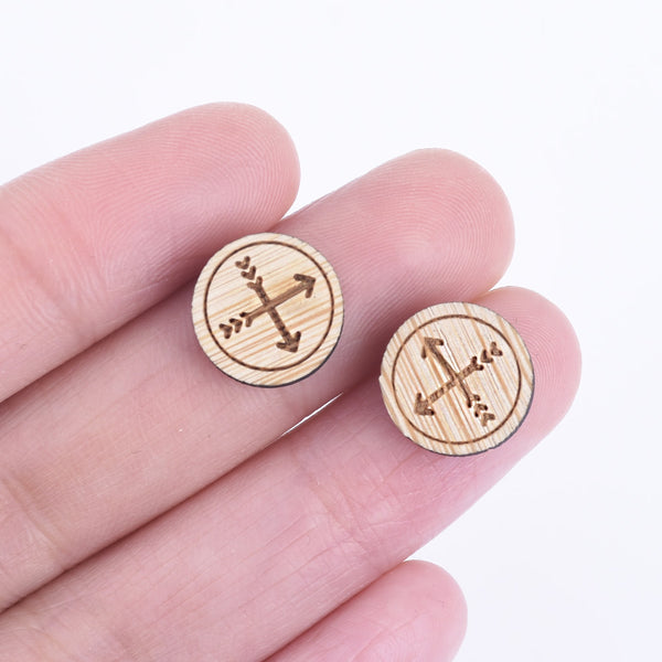 12*12mm Arrow Round Wood Charm Laser cut wooden earrings crossed arrows laser cut jewellery Cabochons 6pcs 10261160