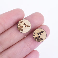 12*12mm Round Birds Leaf Wood Charm Laser Cut Wooden Earrings Wood Cabochons Ear Stud Laser Cut Supplies 6pcs 10261167