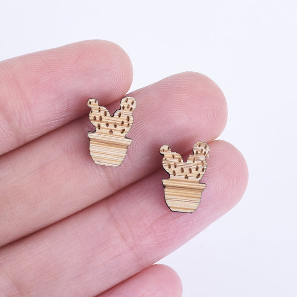 12*8mm Laser Cut Cactus with flowerpot Wood Charm Earring Supplies Laser Cut Wood Ear Stud Wood Cabochons 6pcs 10261172