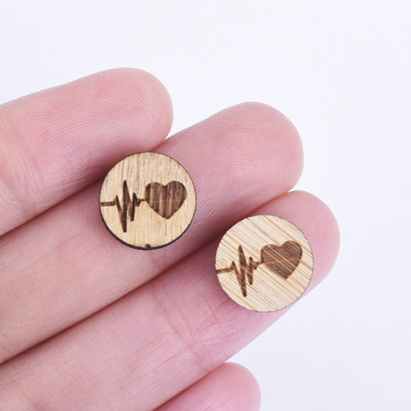 12*12mm Heartbeat Round Wood Charm Laser cut wooden earrings Laser Engraved Wood Studs Lasercut jewelry 6pcs 10261173