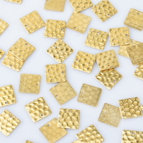 9/16" Raw Brass Hammered Square Charms with 1mm hole Single-sided hammered Textured pendant Metal Blank 20pcs 10275950