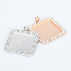 25mm Zinc Alloy Double Rhinestone Square Pendant Setting Tray Square Tray Pendant Blank Wholesale 5pcs 102767