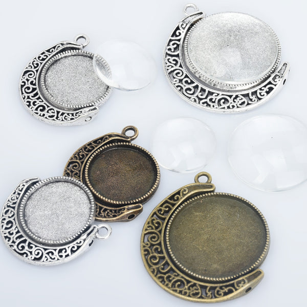 18mm/25mm Moon Charms Double Sided Cameo Cabochon Base Setting Pendants Rotate Pendant Trays with Glass Cabochon 10pcs 10286