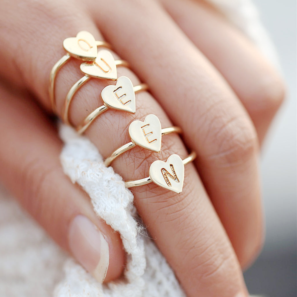Zinc alloy Adjustable Dainty Initial Ring Personalized Heart Ring Letter Ring golden plated Mother's Day Gift 1pcs 102875