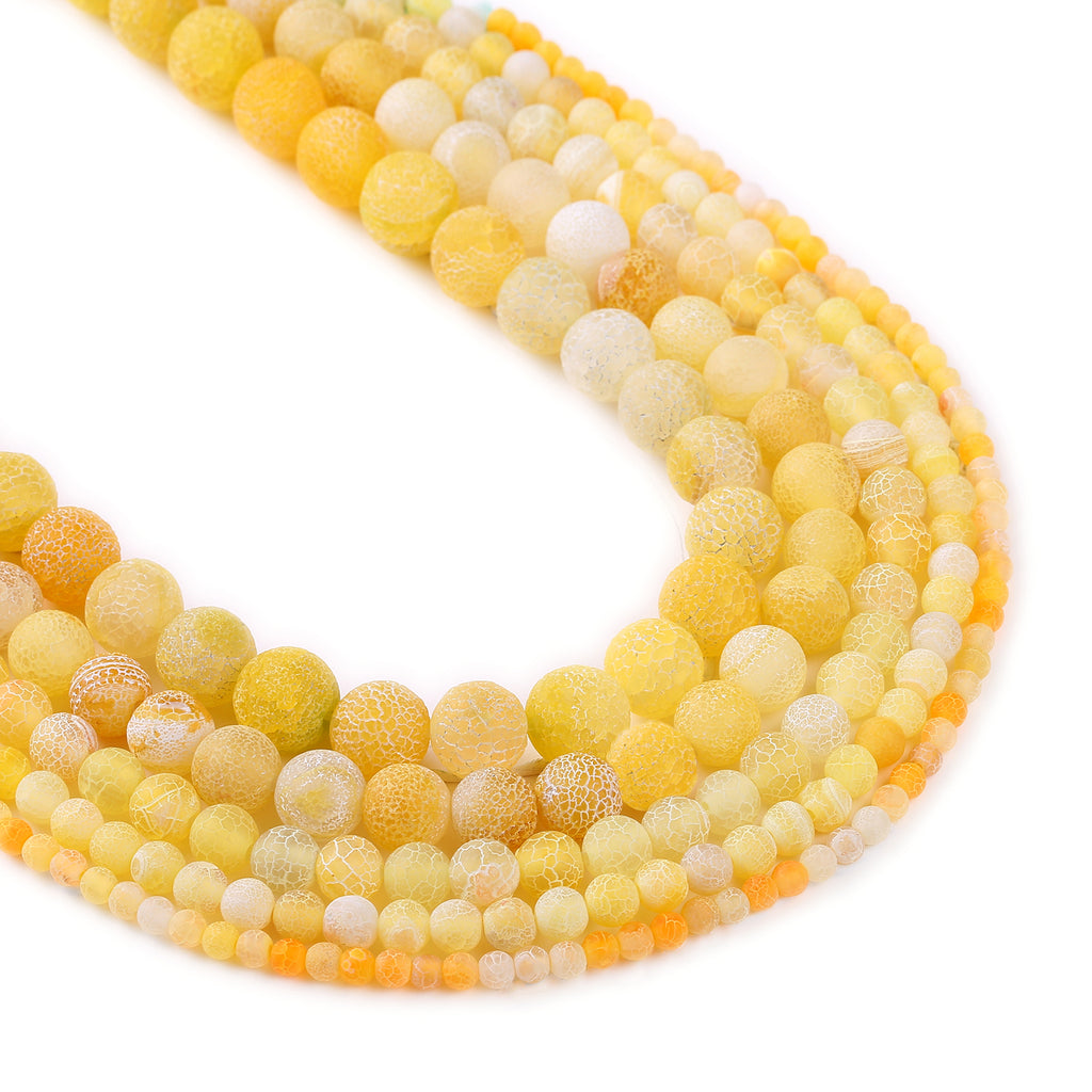 Matte Yellow weathered agate beads 4 6 8 10 12mm Crackled agate beads Round Gemstone Beads 15" Full Strand 103020