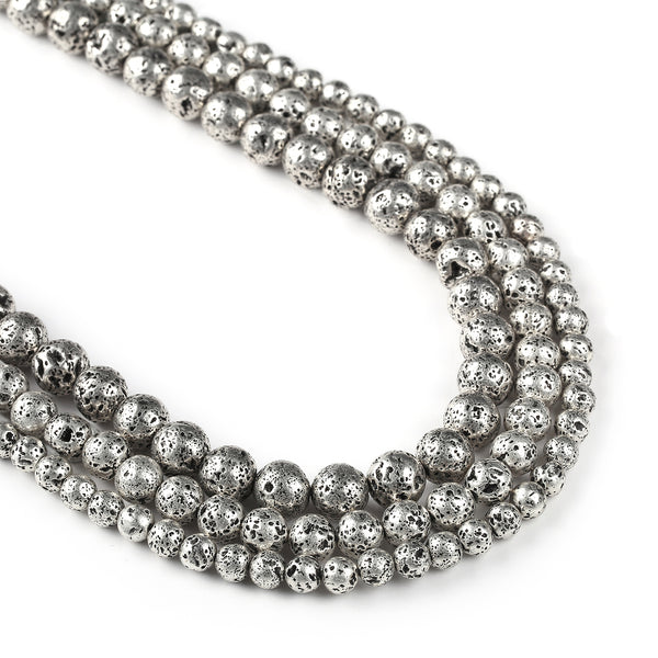 Antique Silver Lava Beads 6 8 10mm Volcanic Lava Round Bead Gem beads 15" Full Strand 103037