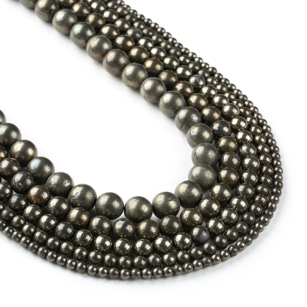 Natural Pyrite Beads 4 6 8 10 12mm Smooth Round Beads Loose Gem Bead On Sale 15" Full Strand 103074