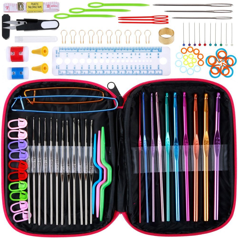 Aluminum Crochet Hooks Set Knit Craft Sewing Needle Set Kit Gauge Scissors Pin with crochet hook case 1set 10311550