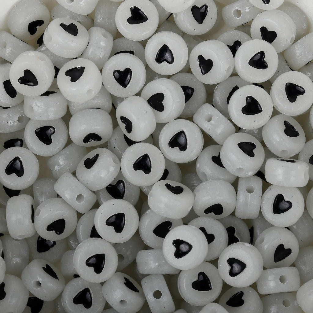 100 6mm White and Black Heart Round Flat Acrylic Beads, Jewellery
