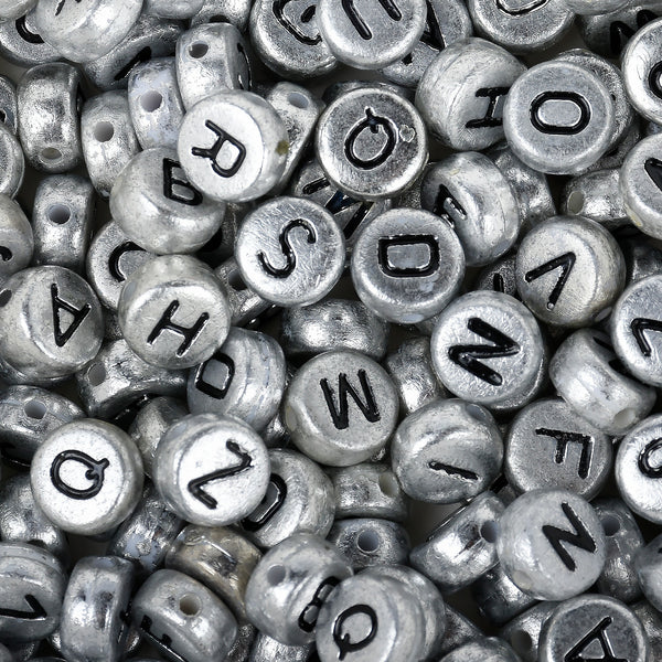 7mm Silver Acrylic Alphabet Beads Plastic Letter Beads with 1.3mm Hole for Beading 100pcs/bag 103126