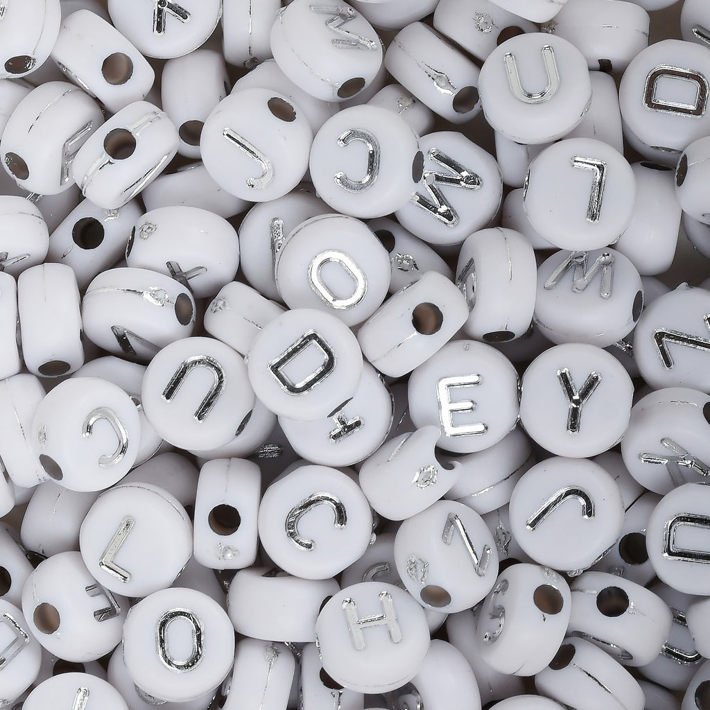 White Round Letter Beads Acrylic Alphabet Beads with Black L