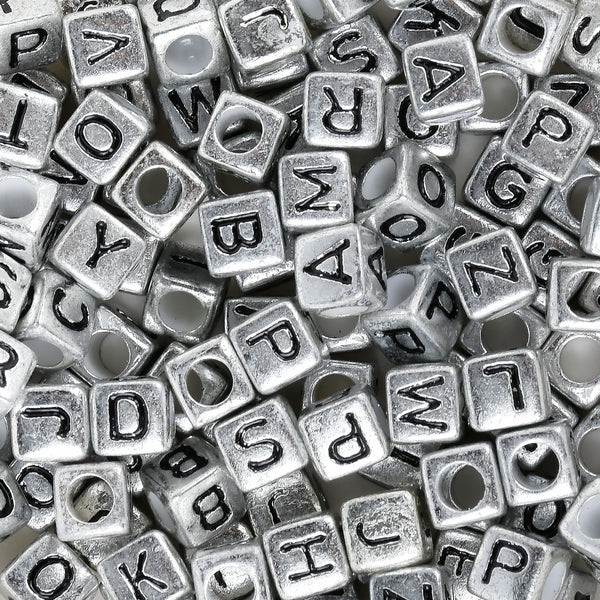 6mm Silver Alphabet Beads Cube Square Acrylic Beads 3.6mm personalized beads 100pcs/bag 103135