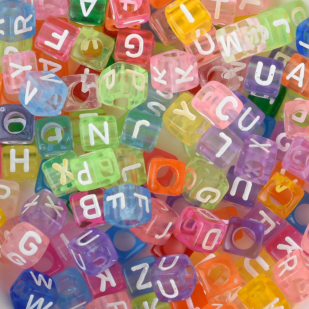 Alphabet Beads, Assorted Letters, 6mm Cube, Transparent Multicolor With  White Letters (250 Pieces)