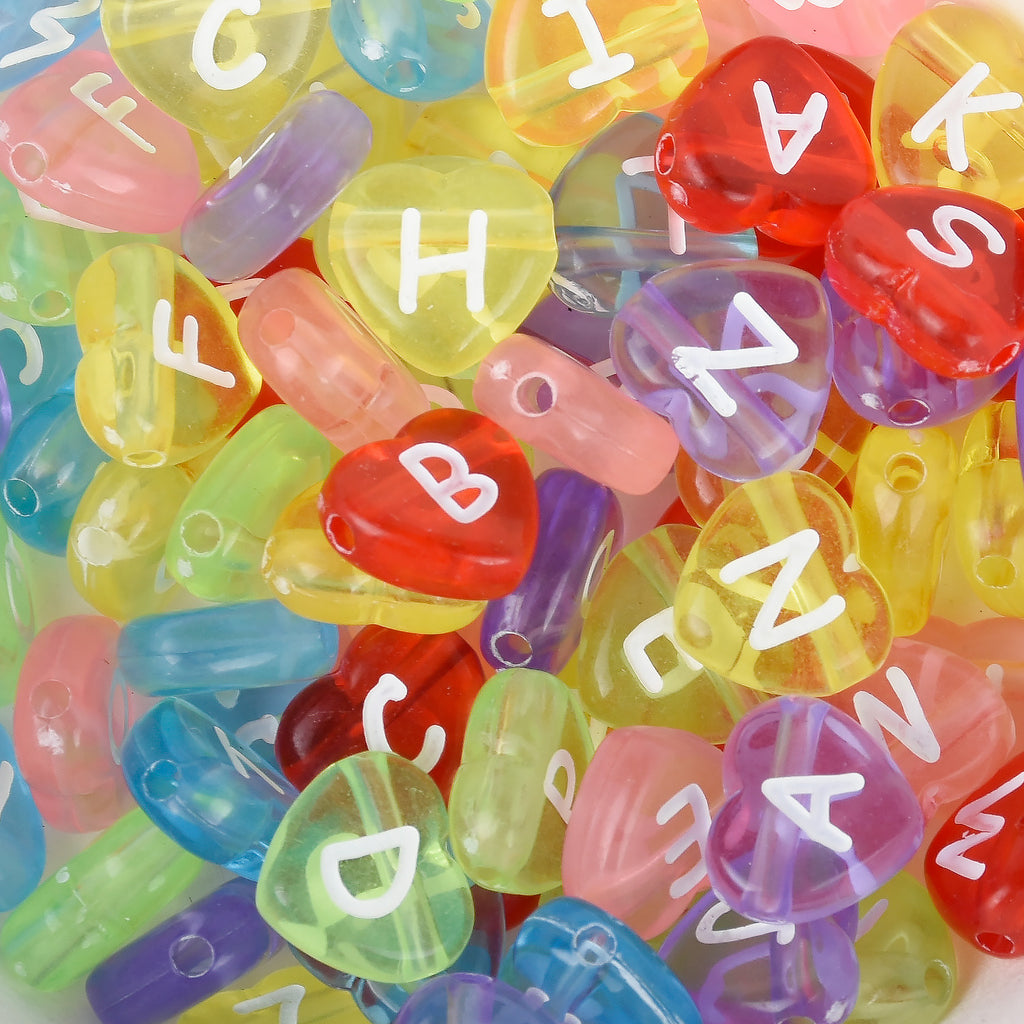 12mm Translucent Heart Alphabet Letter Beads Multicolored Acrylic Letter Beads for bead necklace 100pcs/bag 10314250