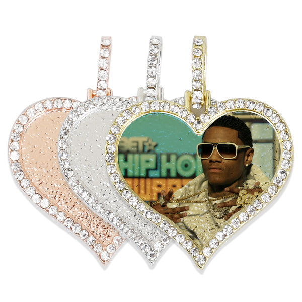 22*32mm Heart Shape Picture Pendant Hip Hop Jewelry Gifts Zircon Pendant Real Gold Plated 2pcs 103287
