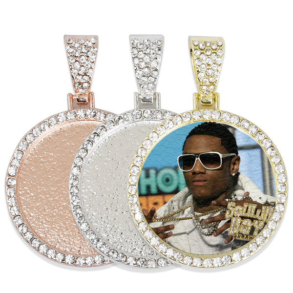 29mm Round Picture Pendant Hip Hop Jewelry Gifts Zircon Pendant Real Gold Plated 2pcs 103289